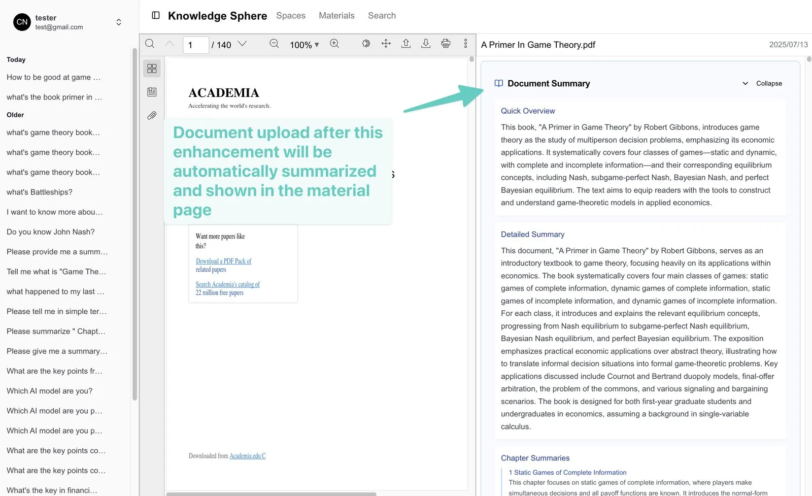Automatic document summaries — quick overview, detailed summary, section summaries
