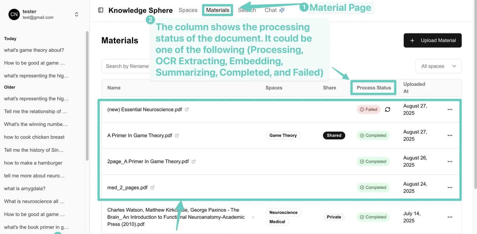 Document processing status — each file shows OCR / embedding / summary / done progress