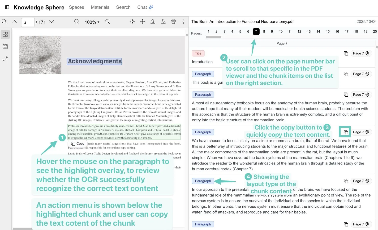 Interactive PDF — OCR text-block highlighting, an inline action menu, and copy support